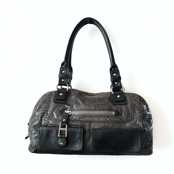 Nine West Black Snakeskin Leather Satchel Handbag Purse Double Handles, Pockets - Picture 1 of 7